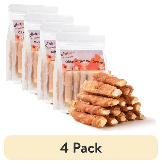 (4 Pack)  Chicken Wrapped Beef Cartilage Dog Treats, Long-Lasting Chewy Dog Soft Bone for Small, Medium & Large Dogs (10.6Oz, No Rawhide)
