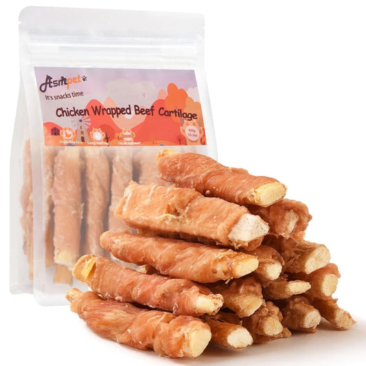 (4 Pack)  Chicken Wrapped Beef Cartilage Dog Treats, Long-Lasting Chewy Dog Soft Bone for Small, Medium & Large Dogs (10.6Oz, No Rawhide)